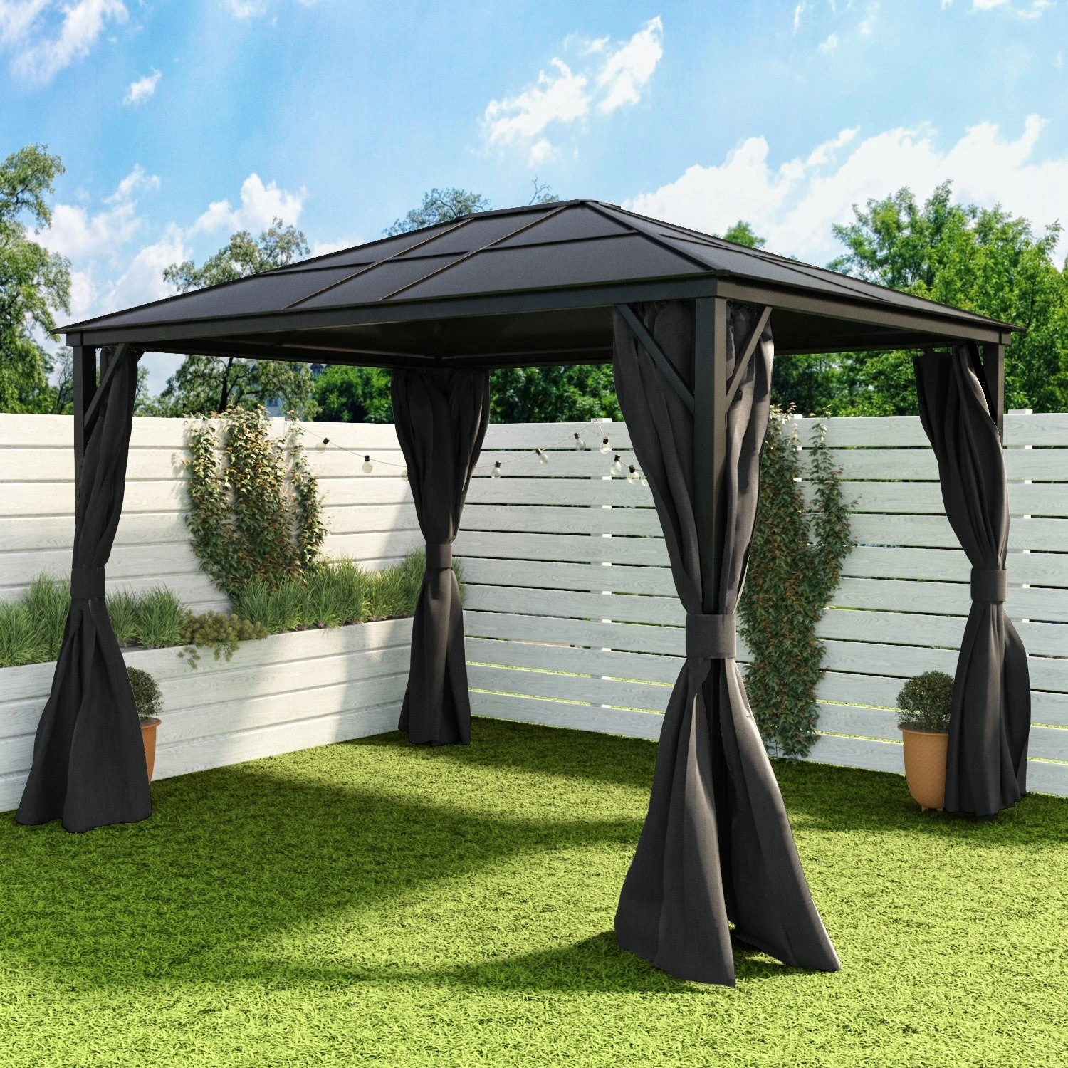 Fortrose 3x4m Black Metal Garden Gazebo With Grey Roof And Sides 4 Fortrose 3x4m Black Metal Garden Gazebo With Grey Roof And Sides - Image 2