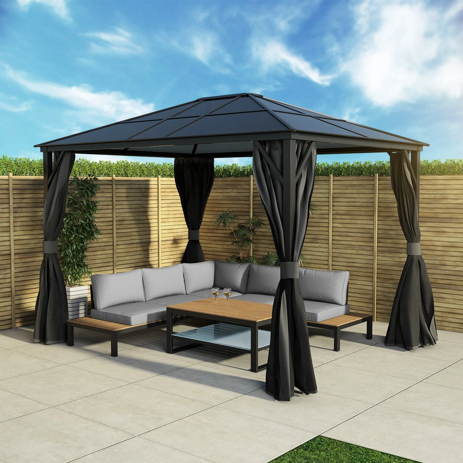 Fortrose 3x4m Black Metal Garden Gazebo With Grey Roof And Sides 6 Fortrose 3x4m Black Metal Garden Gazebo With Grey Roof And Sides - Image 4