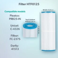 HTF0125 25sq Ft Hot Tub Filter - Arctic, Coyote Etc -Outdoor Living Hot Tubs Model compatibility dims HTF0125