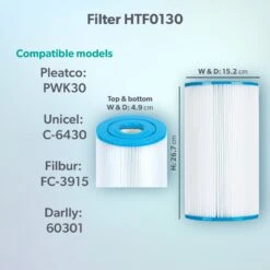 HTF0130 30sq Ft Hot Tub Filter - Hot Springs -Outdoor Living Hot Tubs Model compatibility dims HTF130