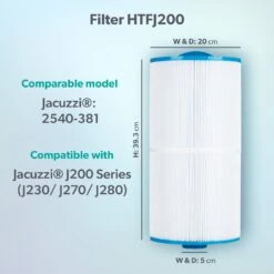 Jacuzzi® J230/J270/J280™ 2008-2012 95sq Ft Hot Tub Filter - 2540-381 -Outdoor Living Hot Tubs Model compatibility dims HTFJ200